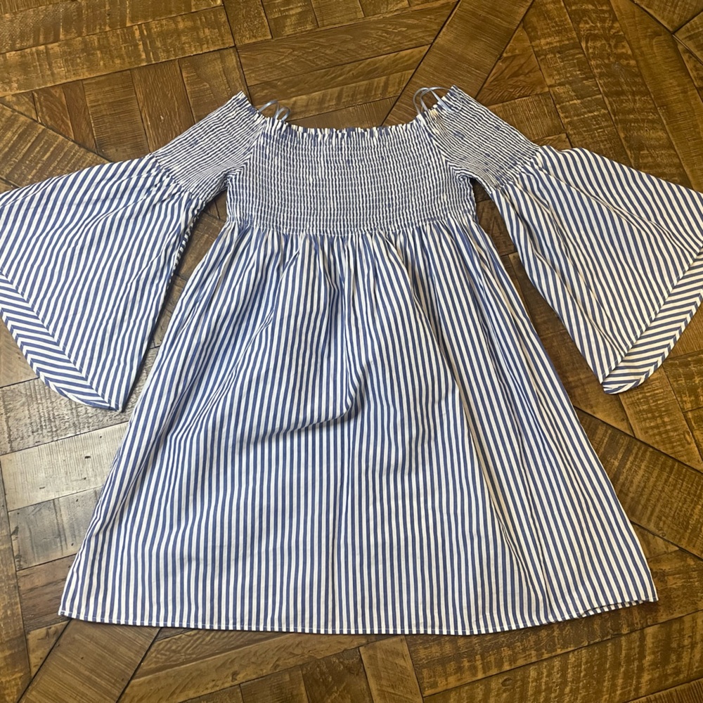 Zara Off the Shoulder Bell Sleeve Striped Mini Dress